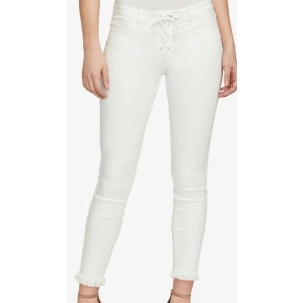 William Rast White Denim Lace-Up Ankle Skinny Jeans w Raw Hem Size 30 Boho
